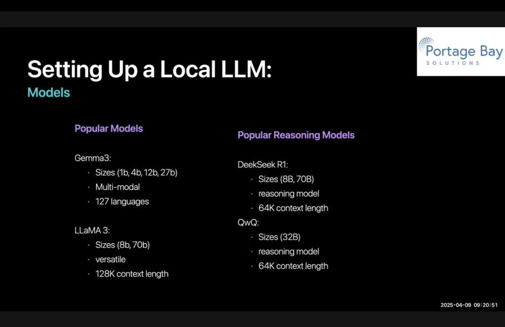 Slide 9, showing the differences in four LLMs: Gemma3, Ollama, DeekSeek, and QwQ